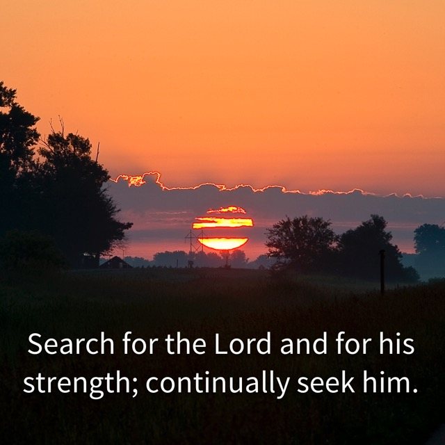The sun rising over misty fields, with the words of 1 Chronicles 16:11