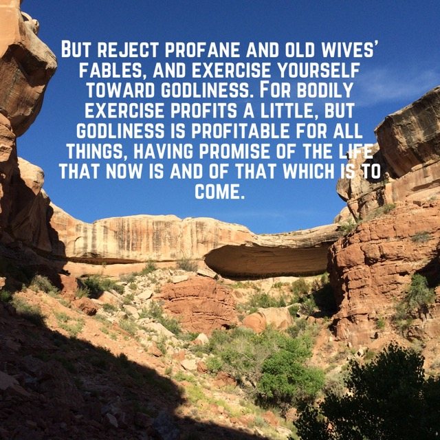 A red rock canyon with a stone arch, with the words of 1 Timothy 4:7–8