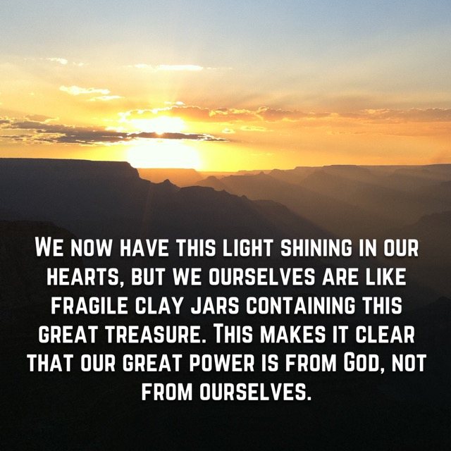 Sunset over canyon ridges, with the words of 2 Corinthians 4:7