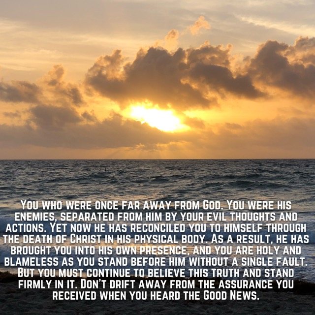 Sunrise over ocean waves, with the words of Colossians 1:21–23