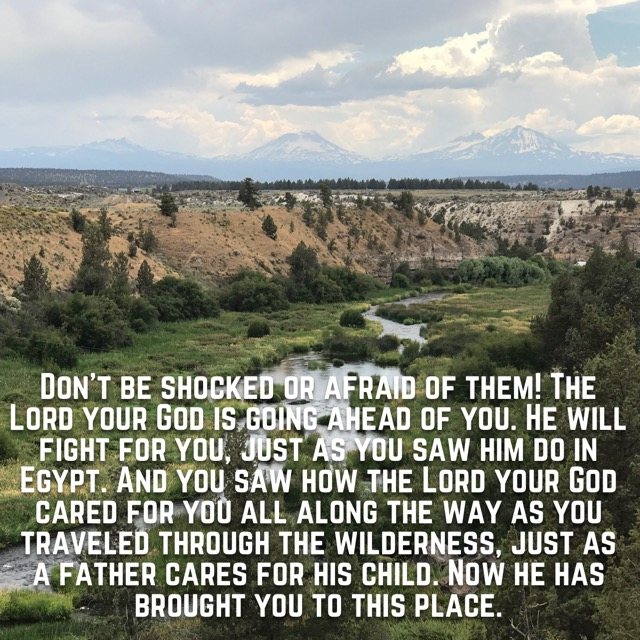 A river winding toward snowy volcanic peaks, with the words of Deuteronomy 1:29–31