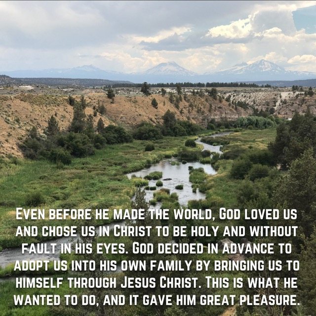 A river valley toward snowy volcanic peaks, with the words of Ephesians 1:4–5