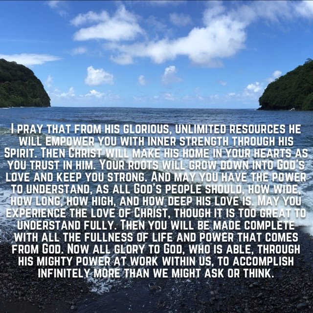 Waves on a black sand beach between green headlands, with the words of Ephesians 3:16–20