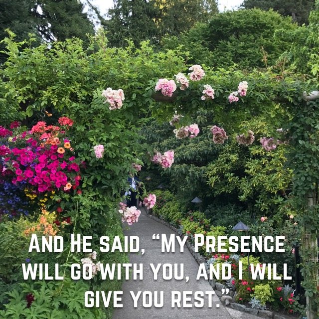 A garden path under arches of roses, with the words of Exodus 33:14