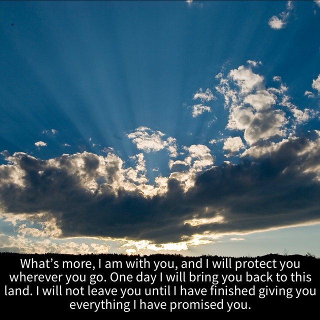 Rays of light breaking through clouds, with the words of Genesis 28:15