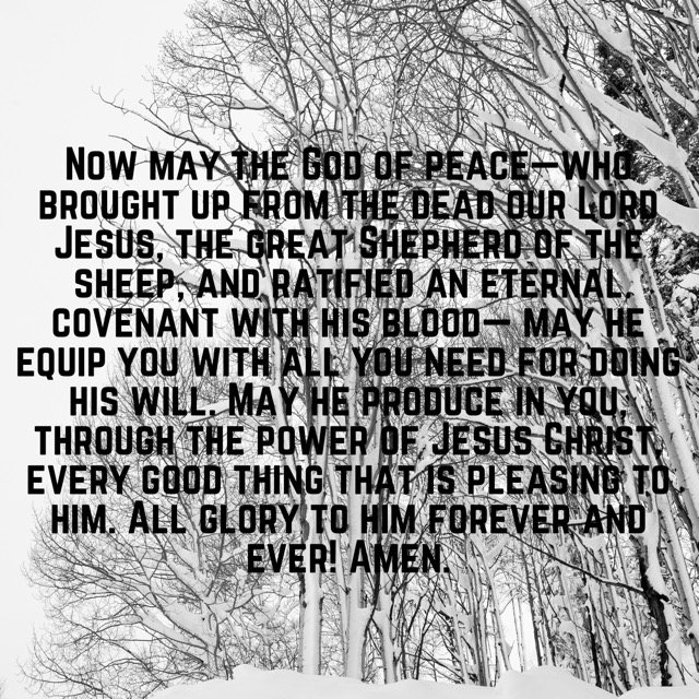 Snow-covered aspen branches, with the words of Hebrews 13:20–21