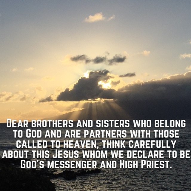 Sunbeams through a cloud over the ocean, with the words of Hebrews 3:1