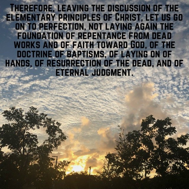 Sunset sky over silhouetted trees, with the words of Hebrews 6:1–2
