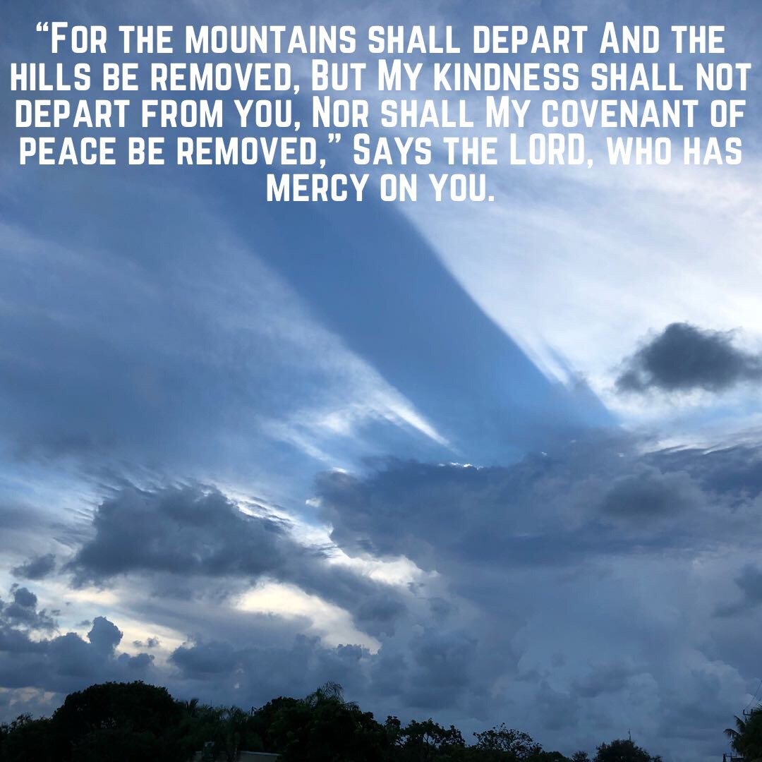 Sunbeams and shadows through storm clouds, with the words of Isaiah 54:10
