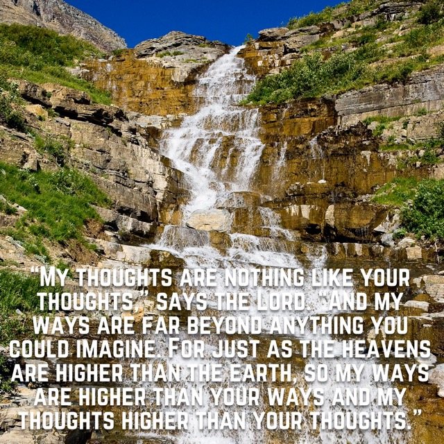 A waterfall cascading down rock ledges, with the words of Isaiah 55:8–9