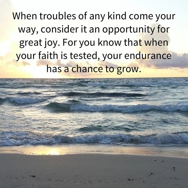 Waves rolling onto a beach at sunrise, with the words of James 1:2–3
