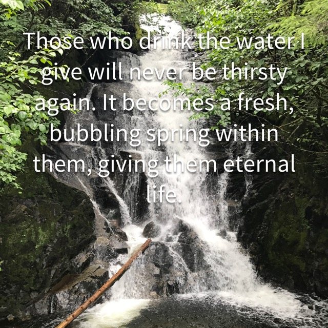A waterfall in a green forest, with the words of John 4:14