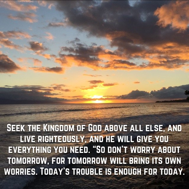 Sunset over ocean waves, with the words of Matthew 6:33–34