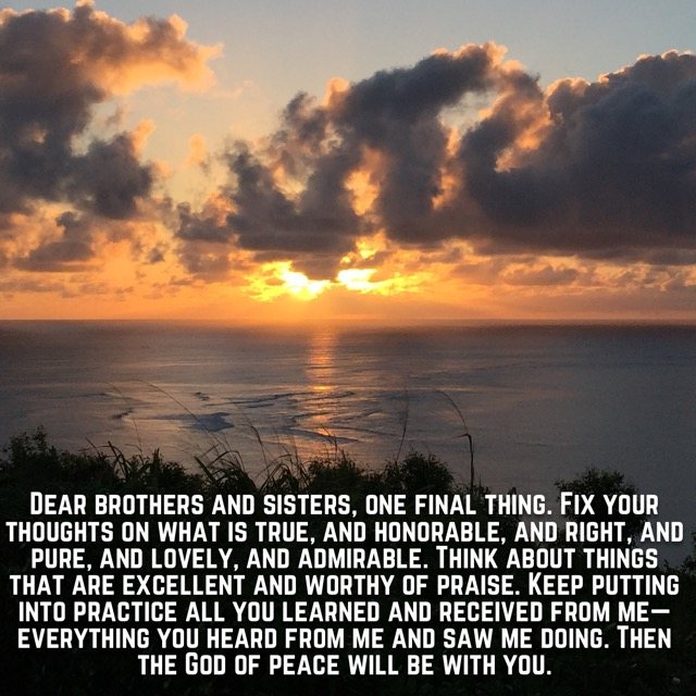 Sunset over the sea from a grassy hill, with the words of Philippians 4:8–9
