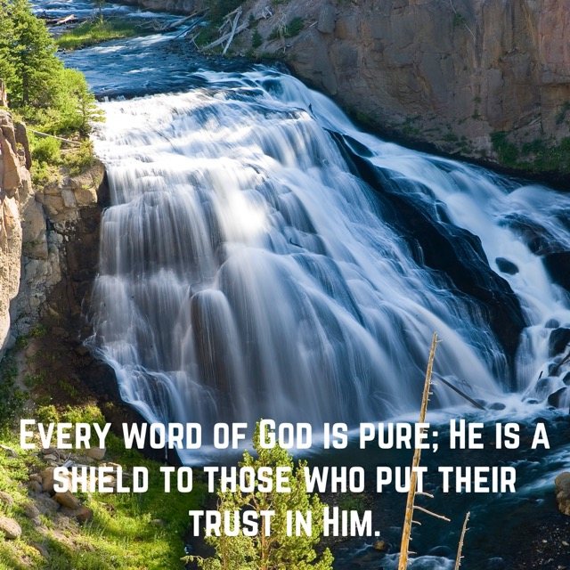 A wide waterfall pouring over rock, with the words of Proverbs 30:5