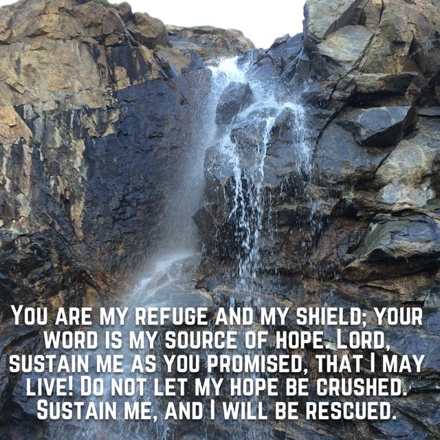 Water falling down a dark rock face, with the words of Psalm 119:114–117