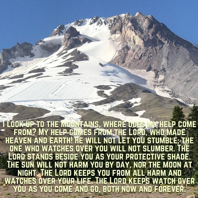A snowy volcanic peak against blue sky, with the words of Psalm 121