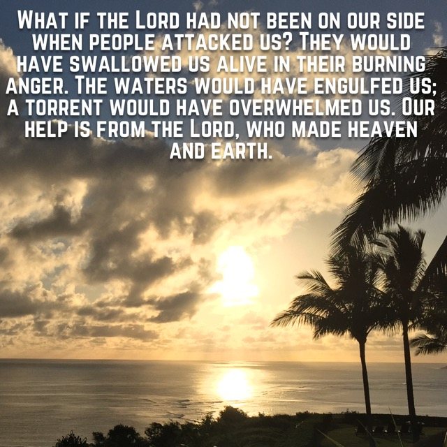 Sunset over the ocean framed by palm trees, with the words of Psalm 124:2–4, 8