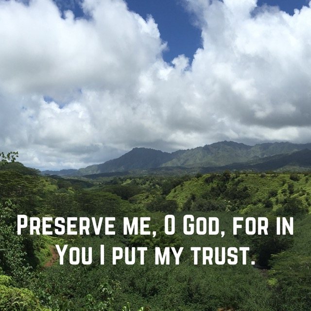 Green valley below cloud-topped mountains, with the words of Psalm 16:1