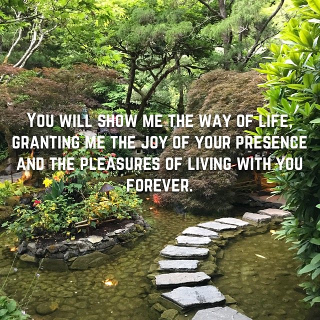 Stepping stones across a garden pond, with the words of Psalm 16:11