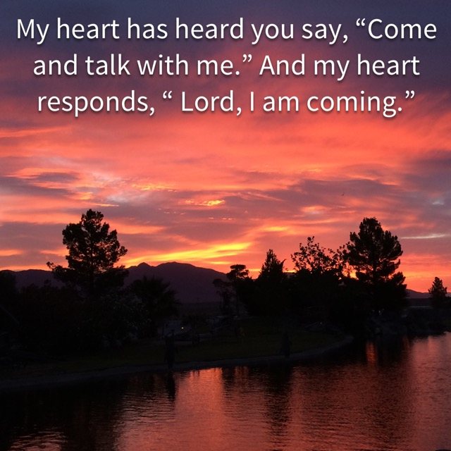 A pink sunset reflected in a lake, with the words of Psalm 27:8