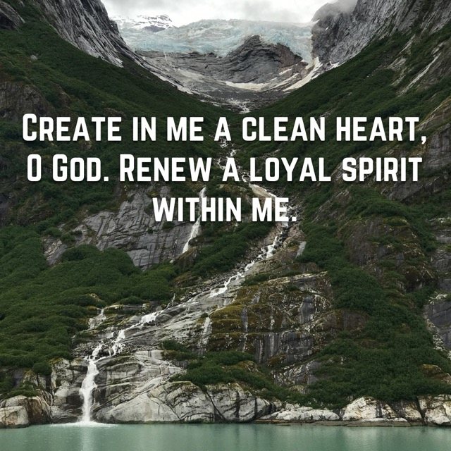 A glacier waterfall down a green fjord wall, with the words of Psalm 51:10
