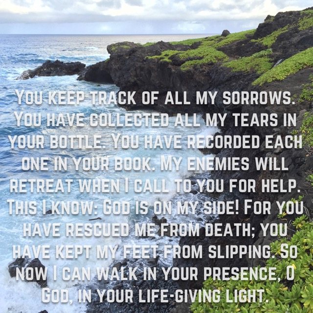 Waves against a rocky green coastline, with the words of Psalm 56:8–9, 13