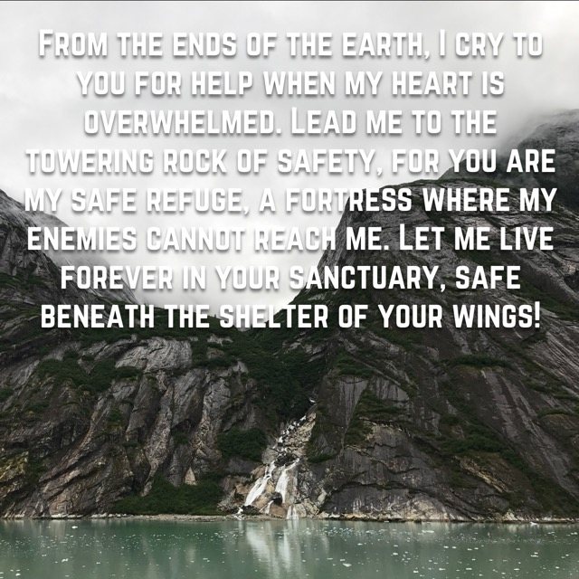 A waterfall down steep fjord cliffs, with the words of Psalm 61:2–4