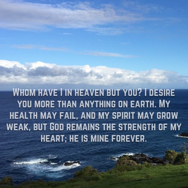 Blue ocean beyond a grassy shoreline, with the words of Psalm 73:25–26