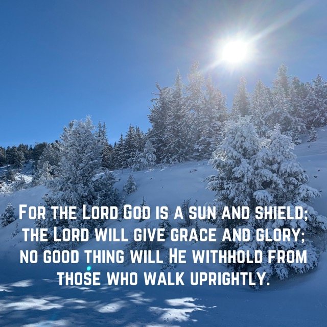 Sun shining over snow-laden pines, with the words of Psalm 84:11