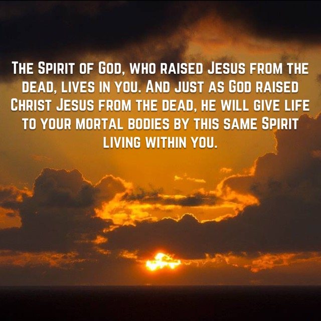 A golden sun setting beneath dark clouds, with the words of Romans 8:11
