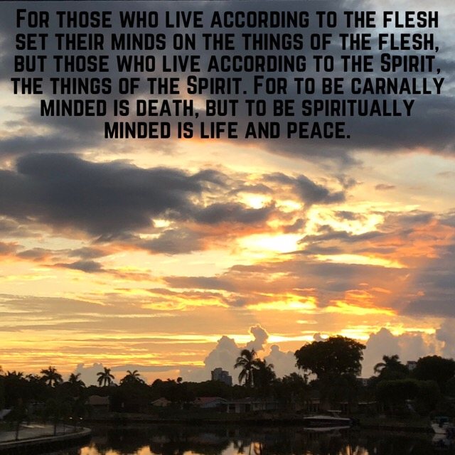 Fiery sunset reflected in a waterway, with the words of Romans 8:5–6